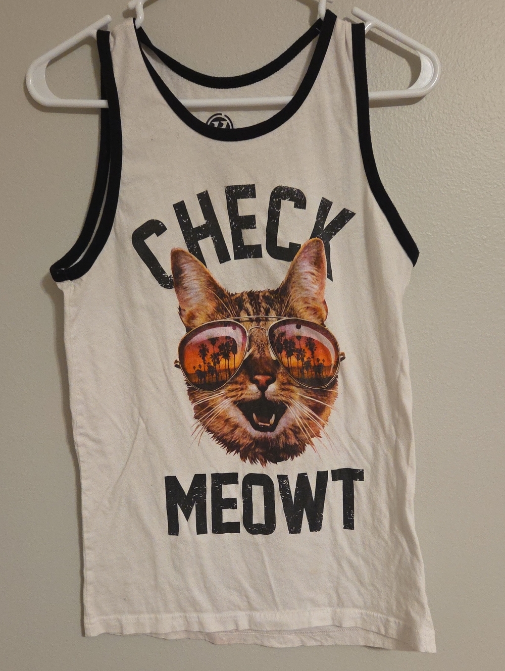 Hybrid Tees White Tank Top with Black Trim and Cat Sunglasses Graphic